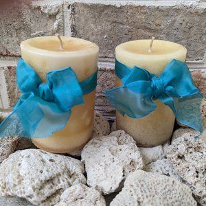 Lot of 2 Best of Nature Beachy Coastal Pillar Candles 2 (4") Aqua Ribbon Bow